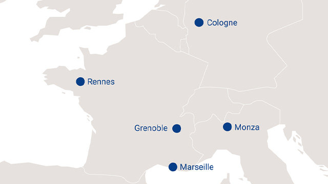 Position des centres de Services sur la carte de l'Europe : Rennes, Marseille, Grenoble, Monza, Cologne