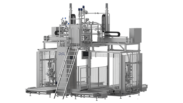  3D diagram of an industrial filtration unit with multiple platforms, ladders, pipes and mechanical components.